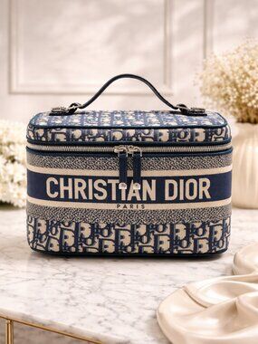 Authentic Dior Oblique Vanity Case Blue Canvas Cosmetic Bag